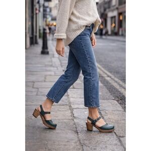 OUT OF STOCK Lotta From Stockholm Green Leather Wood Heel Clogs Slingback 38